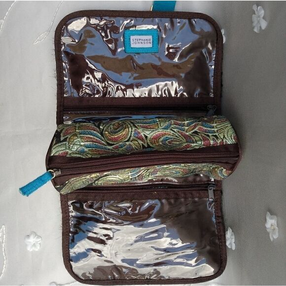 NWOT STEPHANIE JOHNSON Faux Fur Brown/Teal Roll Up Jewelry/Cosmetic Travel Case - Picture 3 of 14